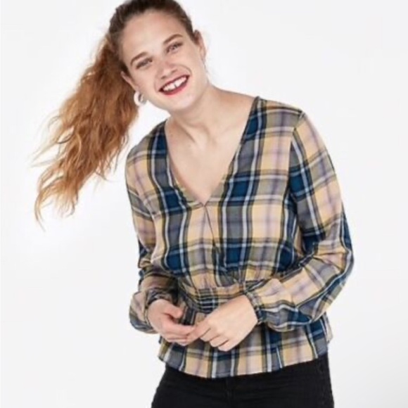Express Plaid Faux Wrap Peplum Blouse Size Medium - Picture 1 of 7